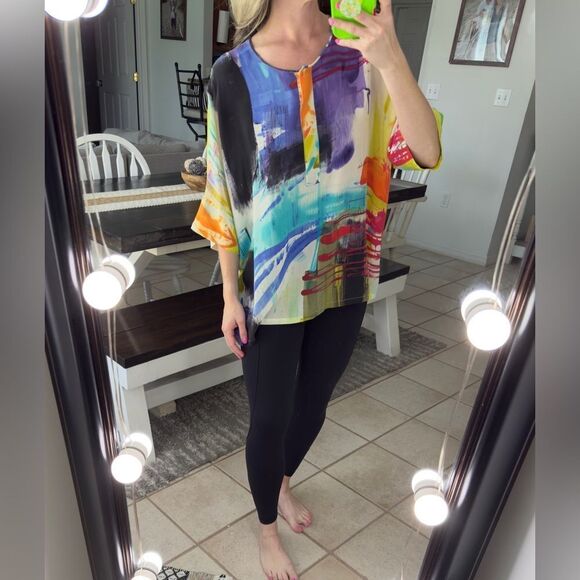 Lafayette 148 New York Multi Color Silk 3/4 Sleeve Flowy Tunic Blouse - Picture 5 of 9